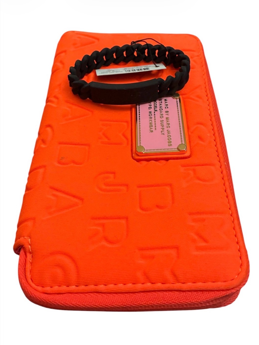 ⁠Marc by Marc Jacobs Lot Neon Orange Zip Wallet + NWT Black Rubber Bracelet⁠
